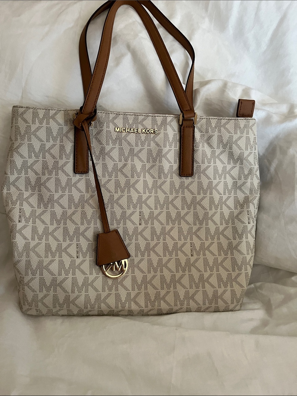 Michael Kors Beige MK Logo Tote with Brown Leather Trim
